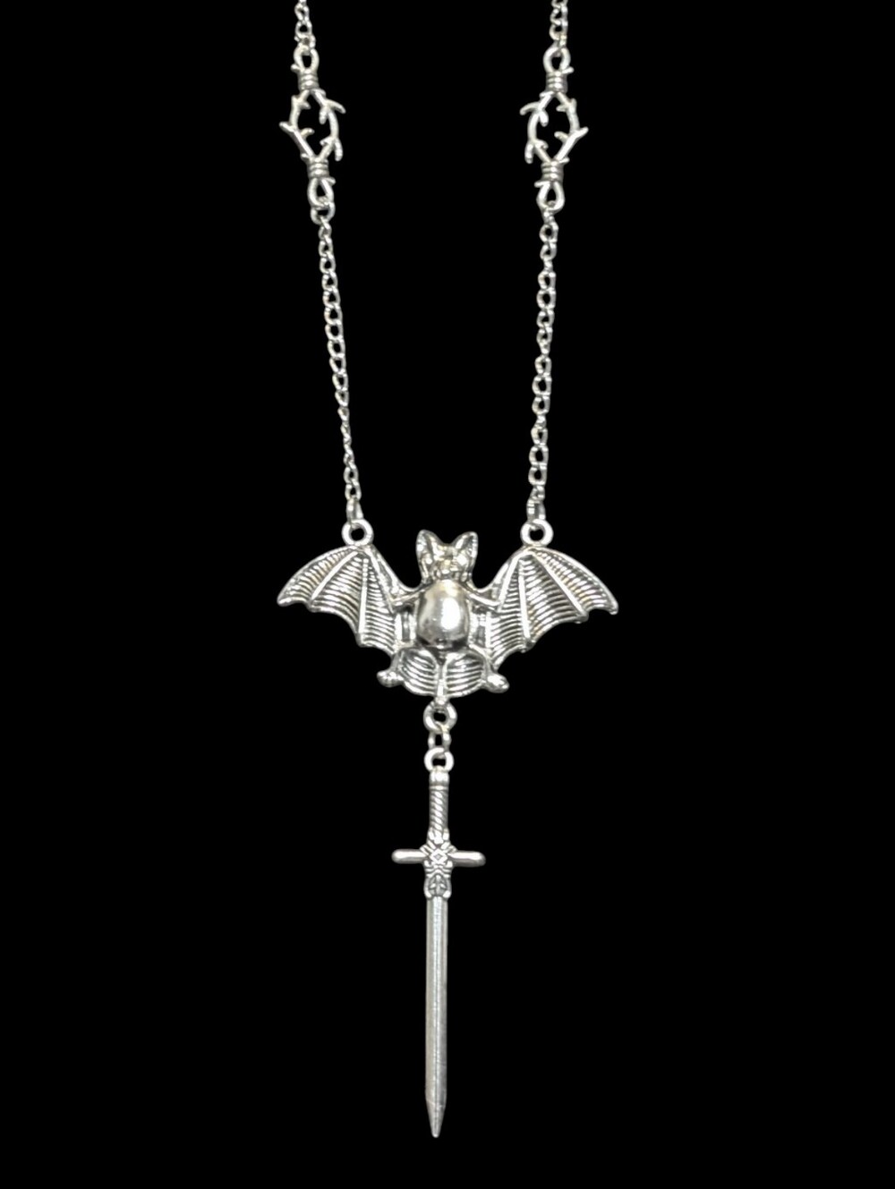 NWT Handmade Goth Punk Silver Bat Dangly Sword Long Necklace